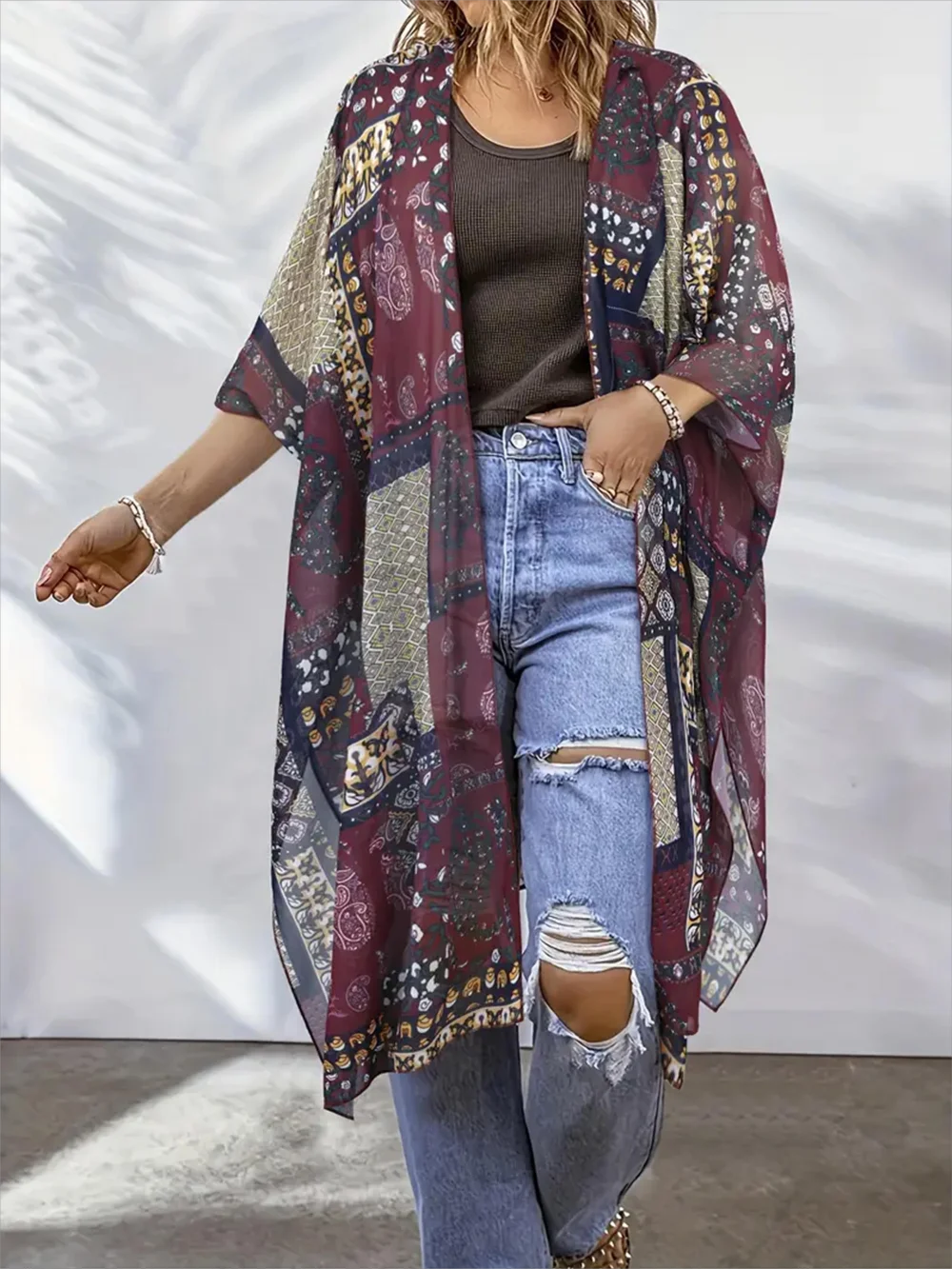 Maroon Paisley Patchwork Sheer Kimono Duster – Boho Gypsy Long Cover up