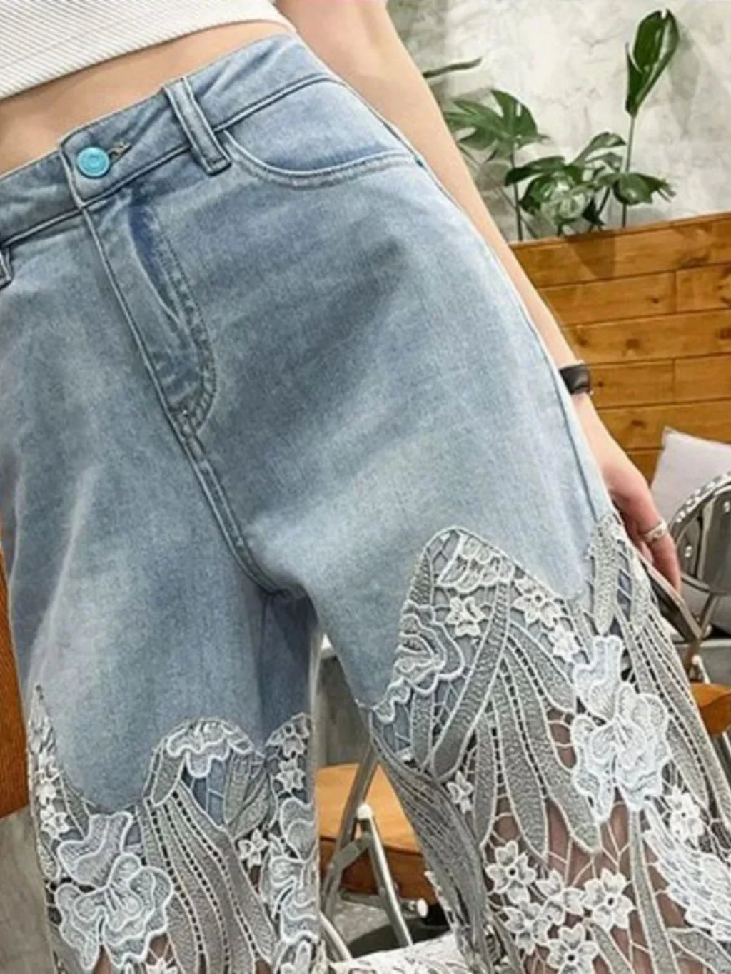 Lace Overlay High-Waisted Jeans | Boho Festival Statement