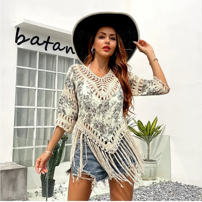 Vintage Floral Crochet Fringe Top – Boho Beach Kimono Cover-Up Vintage Floral Crochet Fringe Top – Boho Beach Kimono Cover-Up Cover-Ups
