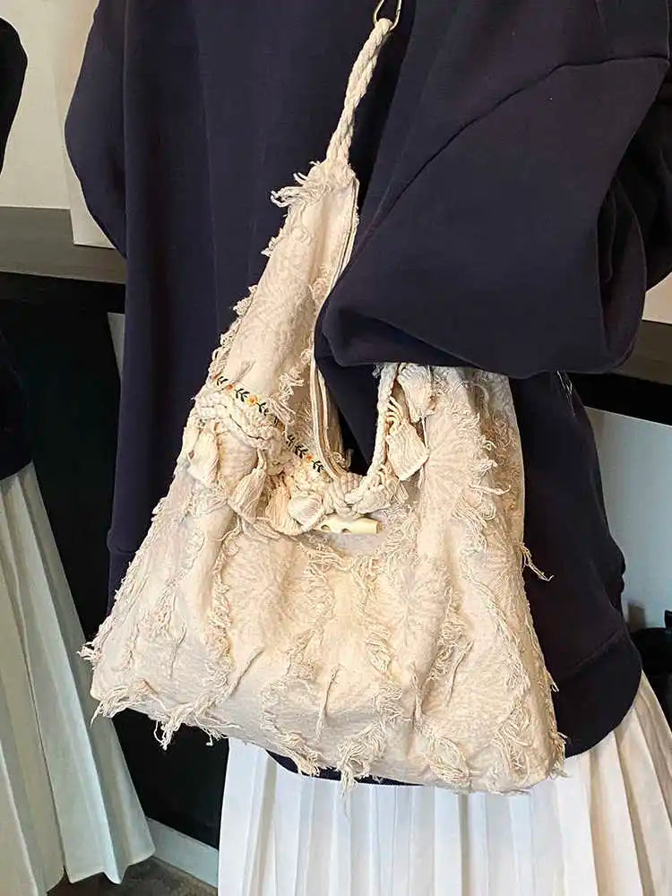 Distressed Fringe Canvas Bag – Boho Embroidered Strap Tote Distressed Fringe Canvas Bag – Boho Embroidered Strap Tote Bags