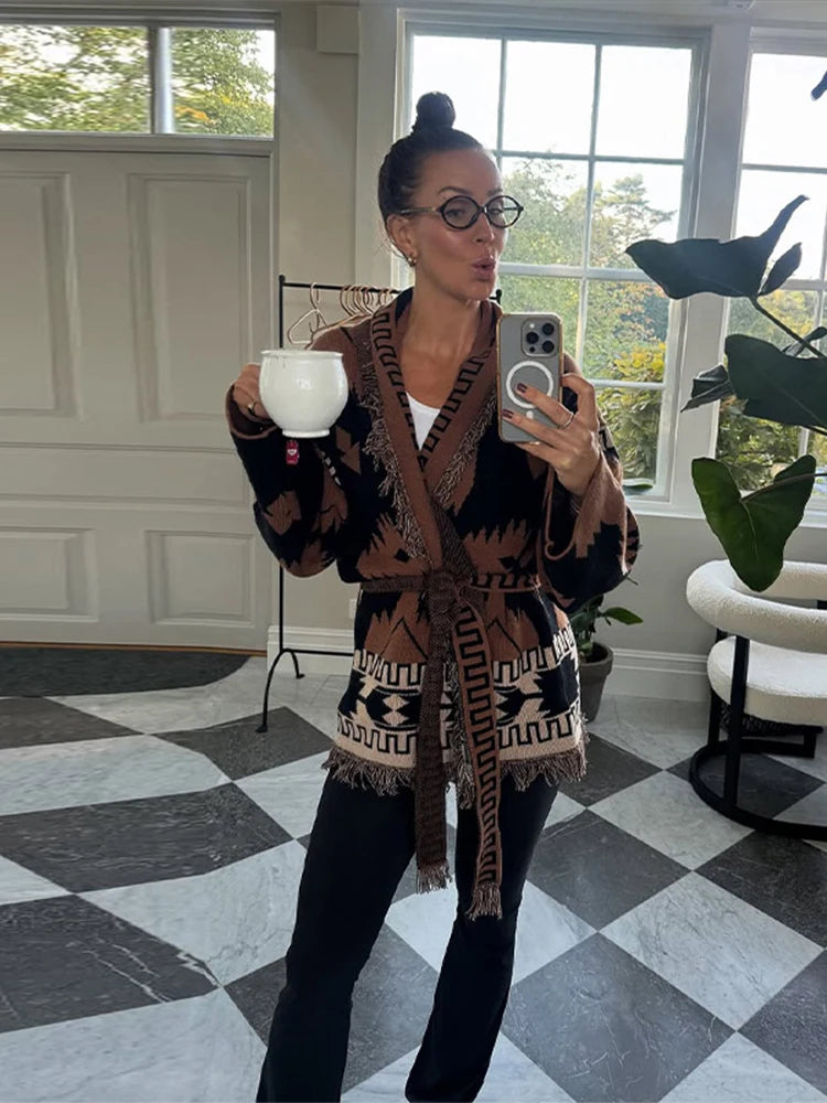 Tassel Patchwork Printed Belt Cardigan Women Turn-down Collar Long Sleeve Knitted Fashion Sweater Vintage Autumn 2025 Cardigans