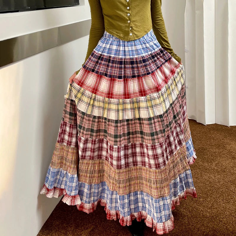 Tiered Plaid Patchwork Maxi Skirt | Boho Festival Patch