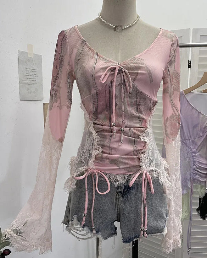 Pastel Mesh Lace-Up Corset Top – Fairy Grunge Long Sleeve Crop (Pink, Lilac, Mint, Black)