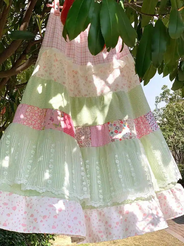 Strawberry Mint Patchwork Fairy Skirt – Cottagecore Boho Dream Tiered Maxi