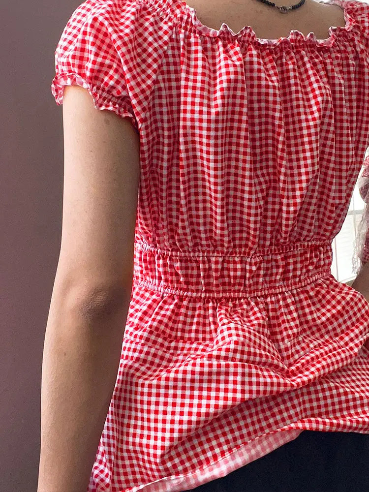 Cherry Red Gingham Coquette Peplum Crop Top – Lace Bow Romance