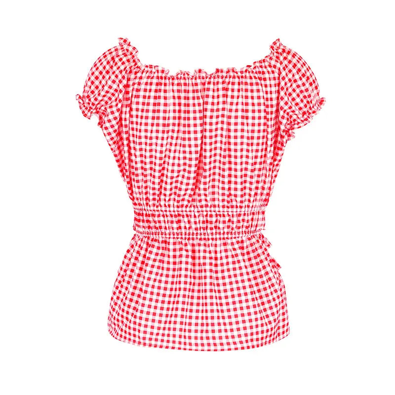 Cherry Red Gingham Coquette Peplum Crop Top – Lace Bow Romance