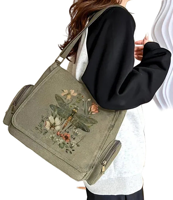 Olive Green Dragonfly Floral Canvas Messenger Bag – Boho Nature Crossbody Purse