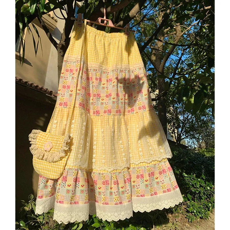 Honey Picnic Milkmaid Maxi Skirt – Gingham & Strawberry Patchwork Boho Dream