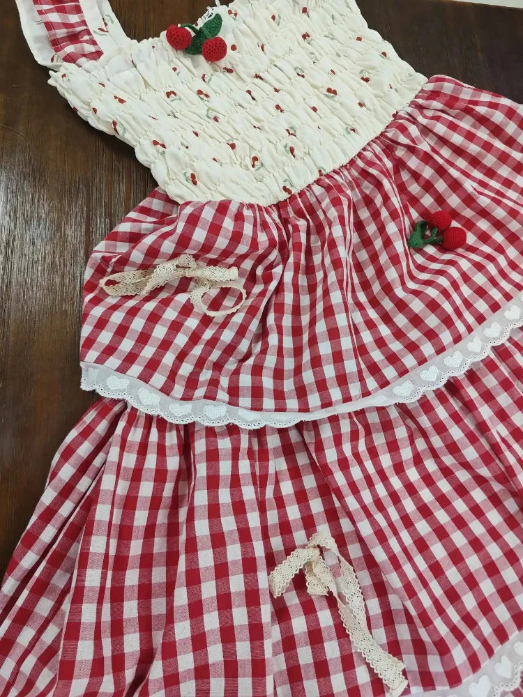 Cherry Sweetheart Gingham Milkmaid Dress – Vintage Boho Picnic Dream