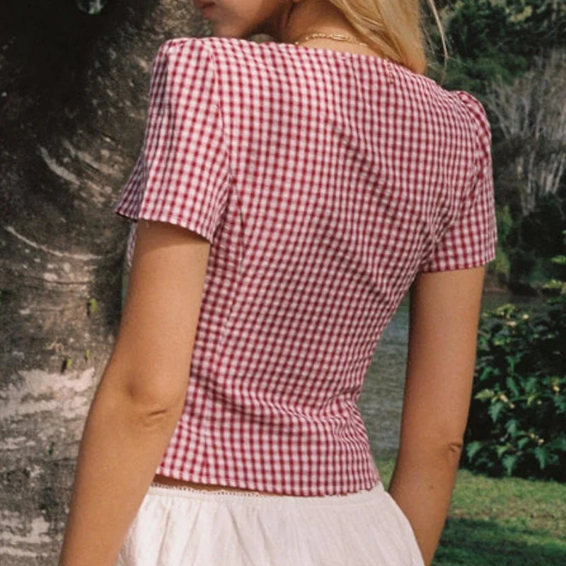 Strawberry Gingham Plunge Crop Top – Coquette Picnic Dream