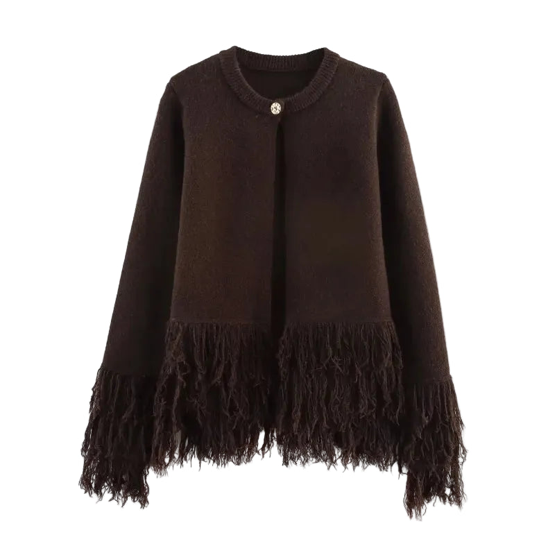 Fringed Cropped Cardigan – Boho Layering Essential (Burgundy / Black / Chocolate) Chocolate Fringed Cropped Cardigan – Boho Layering Essential (Burgundy / Black / Chocolate)
