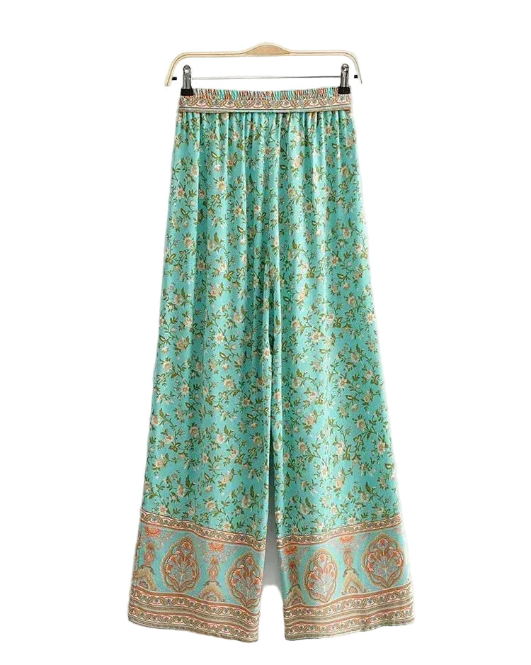 Turquoise Floral Palazzo Pants – Boho Wide-Leg Lounge Trousers with Lace Border Turquoise Floral Palazzo Pants – Boho Wide-Leg Lounge Trousers with Lace Border Trousers