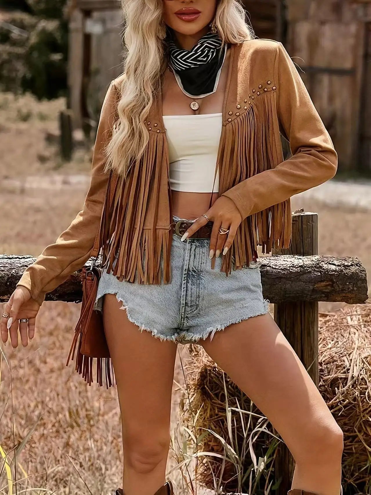 Fringed Suede Jacket – Studded Boho Cropped (Black / Tan) Fringed Suede Jacket – Studded Boho Cropped (Black / Tan) Jacket