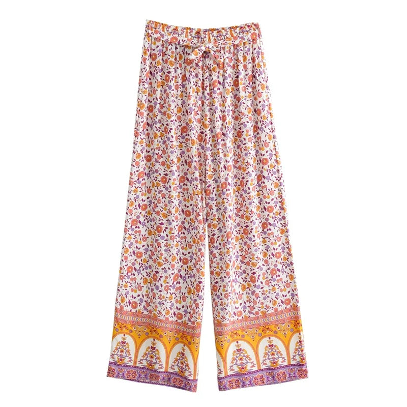 Boho Floral Co-ord Set – Tie-Front Crop Top + Wide-Leg Palazzo Pants (Lilac Floral)