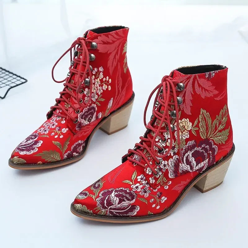 Embroidered Floral Ankle Boots – Boho Lace-Up Romance (Black / Red) Red Floral Embroidered Floral Ankle Boots – Boho Lace-Up Romance (Black / Red) Boots