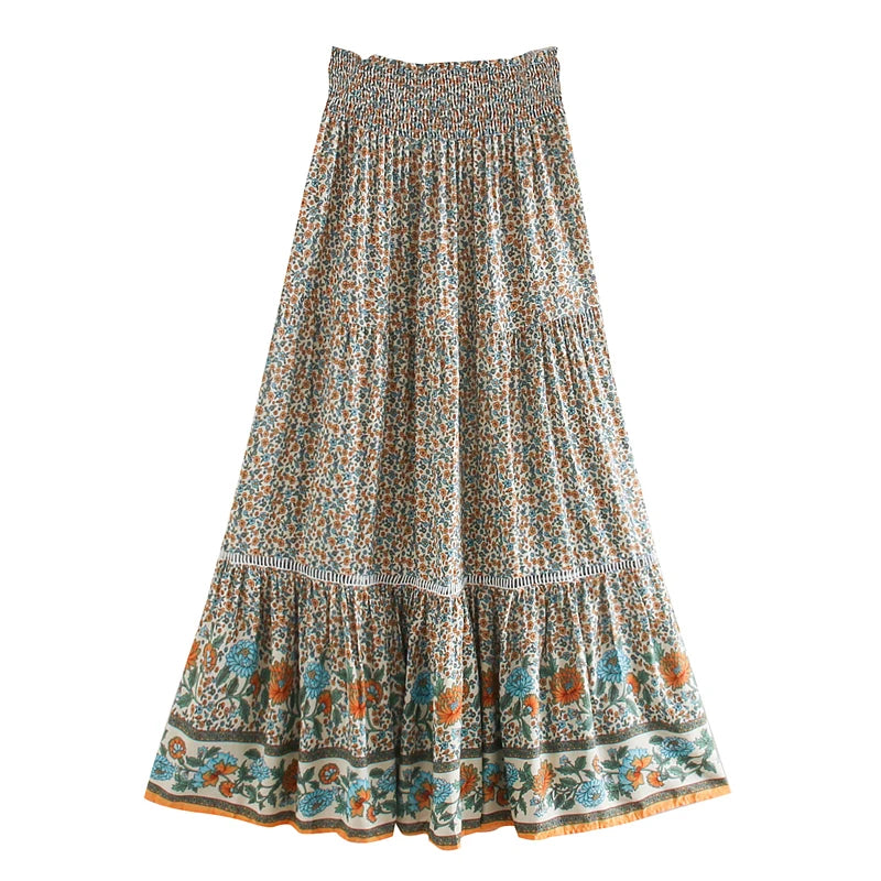 Smocked Floral Maxi Skirt – Boho Border Print Dream (Black / Navy / Red / Beige) Smocked Floral Maxi Skirt – Boho Border Print Dream (Black / Navy / Red / Beige) Skirt