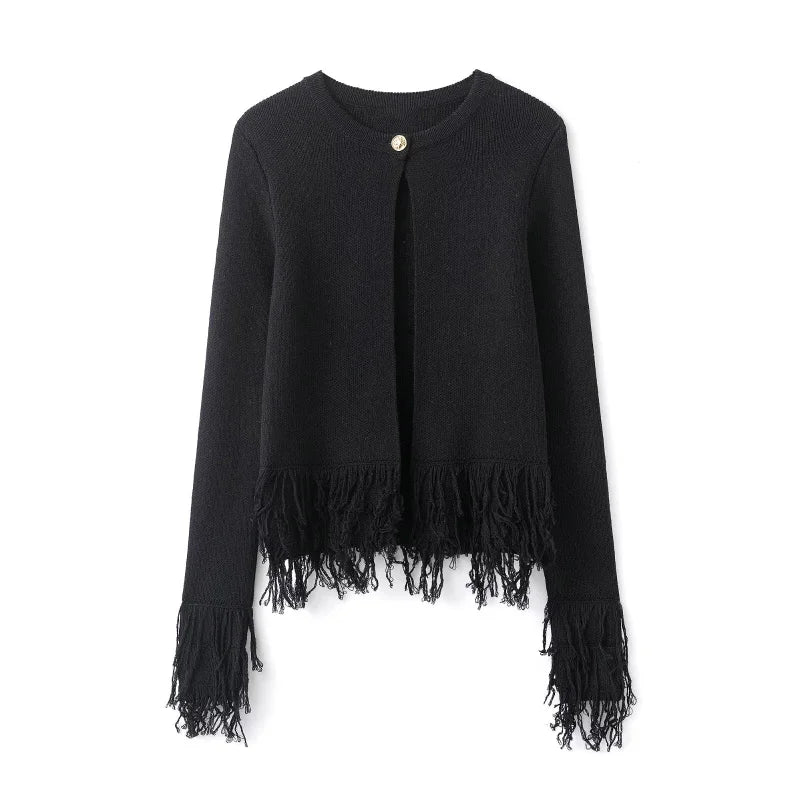 Fringed Cropped Cardigan – Boho Layering Essential (Burgundy / Black / Chocolate) Black Fringed Cropped Cardigan – Boho Layering Essential (Burgundy / Black / Chocolate)