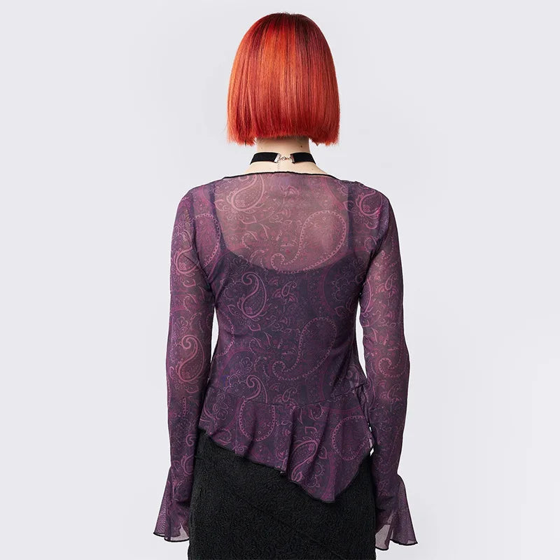 Purple Paisley Mesh Lace-Up Long Sleeve Top – Dark Boho Gothic Fairy Top