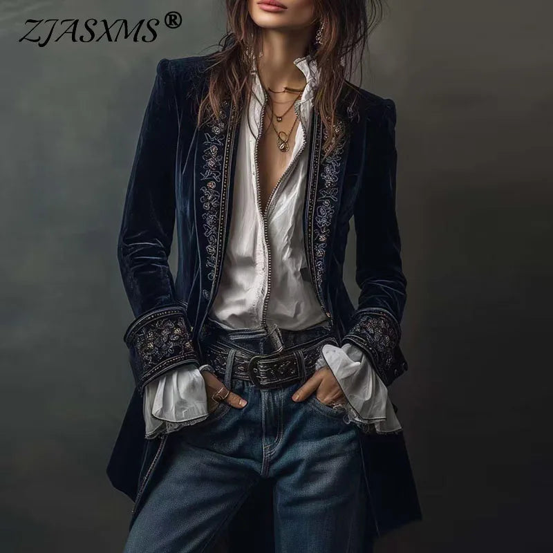 Vintage Ethnic Floral Print Velvet Women's Coat Fall Chic Stand Collar Slim Jacket Cardigan Winter Long Sleeve Female Outerwears