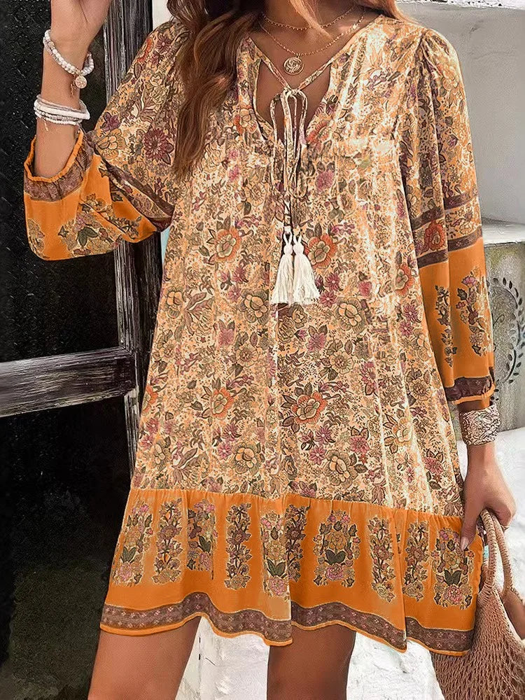 Romantic Floral Print Boho Mini Dress with Tassel Tie & Ruffle Hem – Gypsy Wanderlust Essential (Beige, Mint, Terracotta)