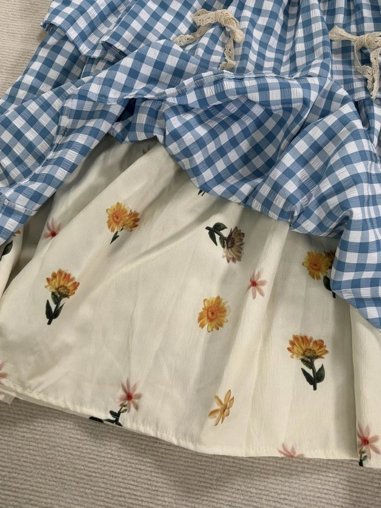 Sky Blue Gingham Tiered Prairie Skirt – Cottagecore Milkmaid Dream