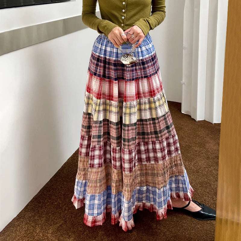 Tiered Plaid Patchwork Maxi Skirt | Boho Festival Patch