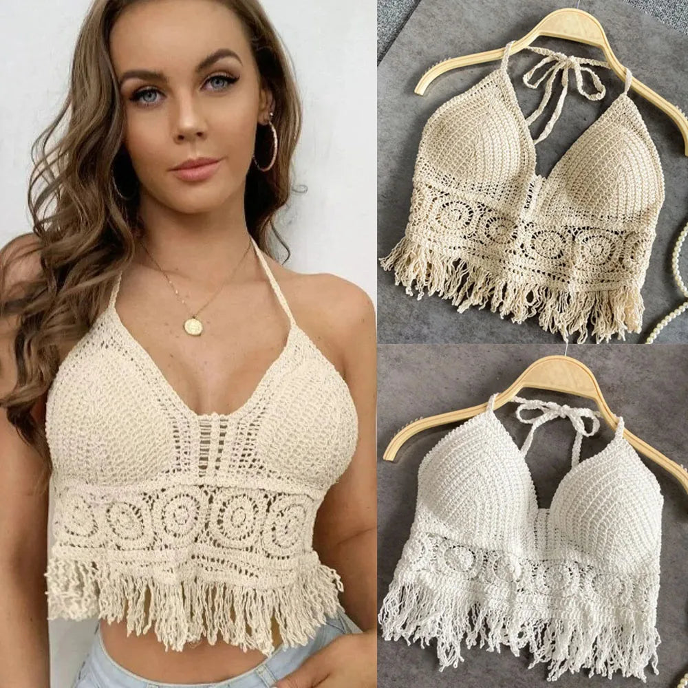 Boho Lace Fringe Halter Crop