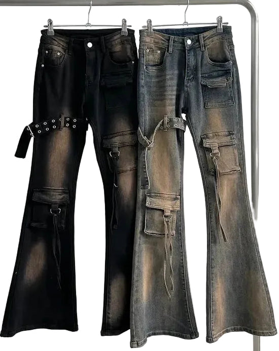 Y2K Distressed Cargo Flare Jeans