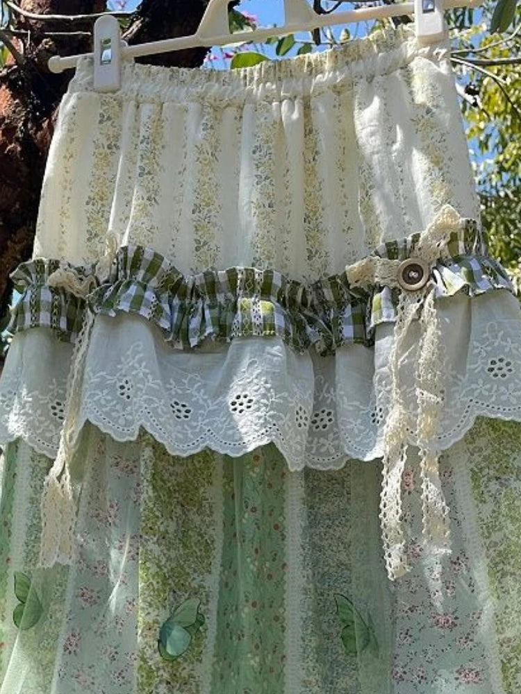 Enchanted Meadow Fairy Patchwork Skirt – Green Butterfly Boho Dream