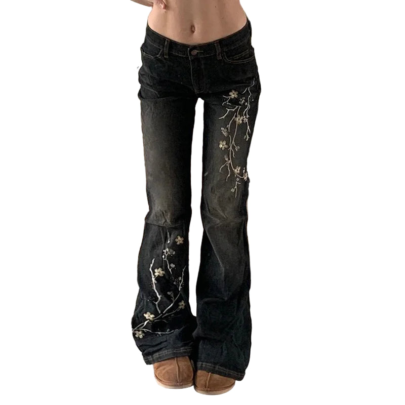 Blossom Embroidered Flare Jeans – Midnight Black (Y2K Gypsy Queen)
