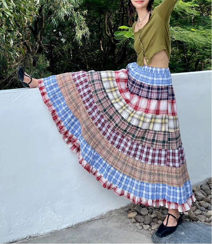Tiered Plaid Patchwork Maxi Skirt | Boho Festival Patch