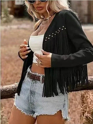 Fringed Suede Jacket – Studded Boho Cropped (Black / Tan) Black Fringed Suede Jacket – Studded Boho Cropped (Black / Tan) Jacket