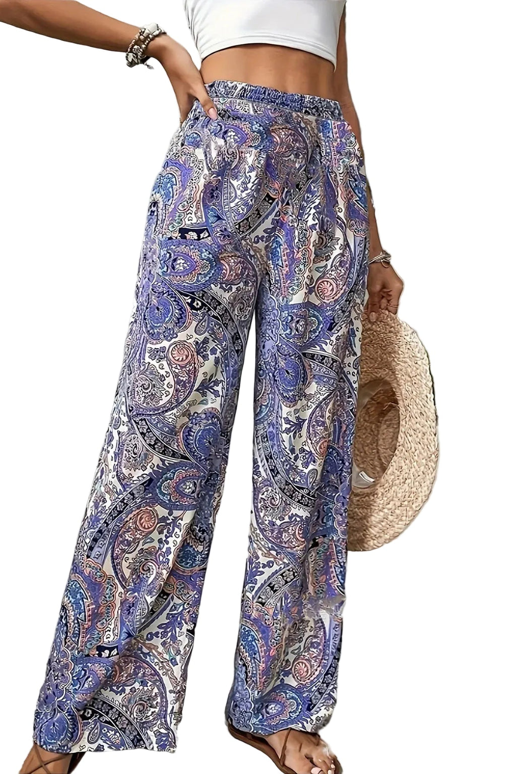 Boho Paisley Palazzo Pants – High-Waist Wide-Leg Lounge Trousers Lavander Blue Boho Paisley Palazzo Pants – High-Waist Wide-Leg Lounge Trousers Trousers