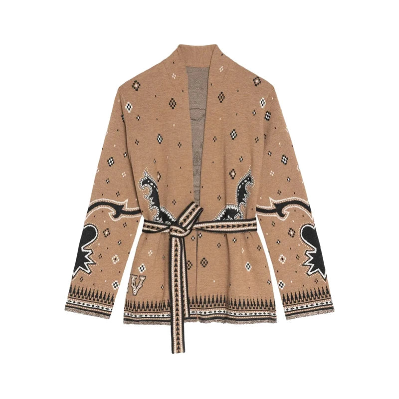 Tassel Patchwork Printed Belt Cardigan Women Turn-down Collar Long Sleeve Knitted Fashion Sweater Vintage Autumn 2025 Cardigans