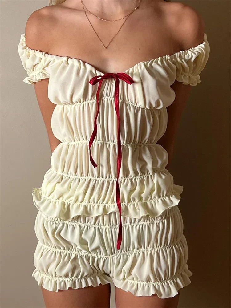 Off-Shoulder Ruffle Bow Romper Set – Coquette Shirred (Ivory, Cherry Gingham, Black)
