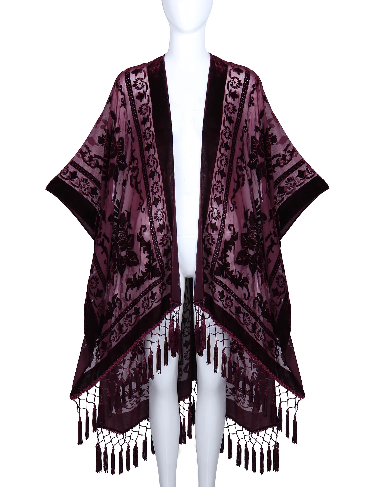 WeHello Bohemian burnt plush kimono Women's long Purple Tassel Beach Cover-up  Holiday Casual Cardigan Shawl JYPF-20