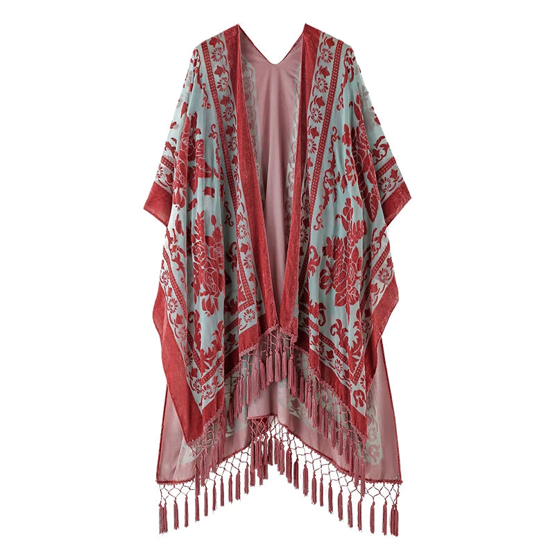 WeHello Bohemian burnt plush kimono Women's long Purple Tassel Beach Cover-up  Holiday Casual Cardigan Shawl JYPF-20