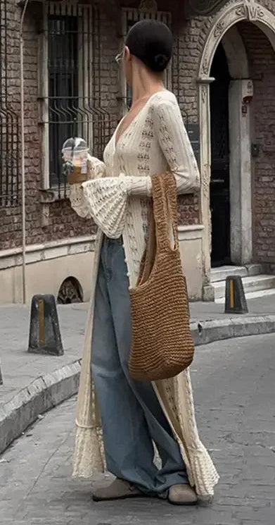 Cream Crochet Lace Long Cardigan | Boho Festival Duster