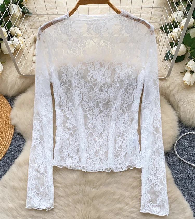 Sheer Floral Lace Long-Sleeve Top | Boho Festival Crop