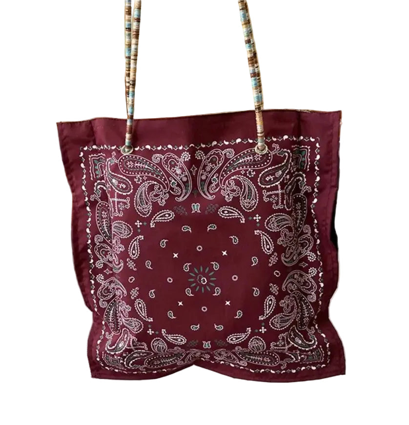 Double-Sided Paisley Bandana Tote Bag with Beaded Effect Handles | Boho Festival Bag