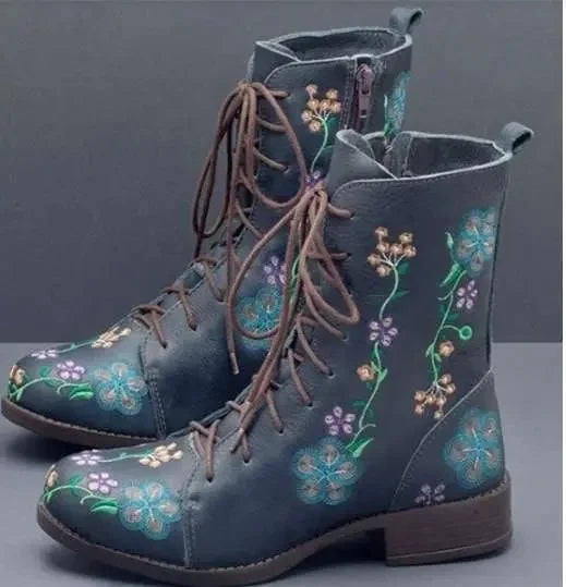 Floral Embroidered Combat Boots – Boho Lace-Up Leather (Brown / Tan / Red / Navy / Olive) Navy Floral Embroidered Combat Boots – Boho Lace-Up Leather (Brown / Tan / Red / Navy / Olive) Boots