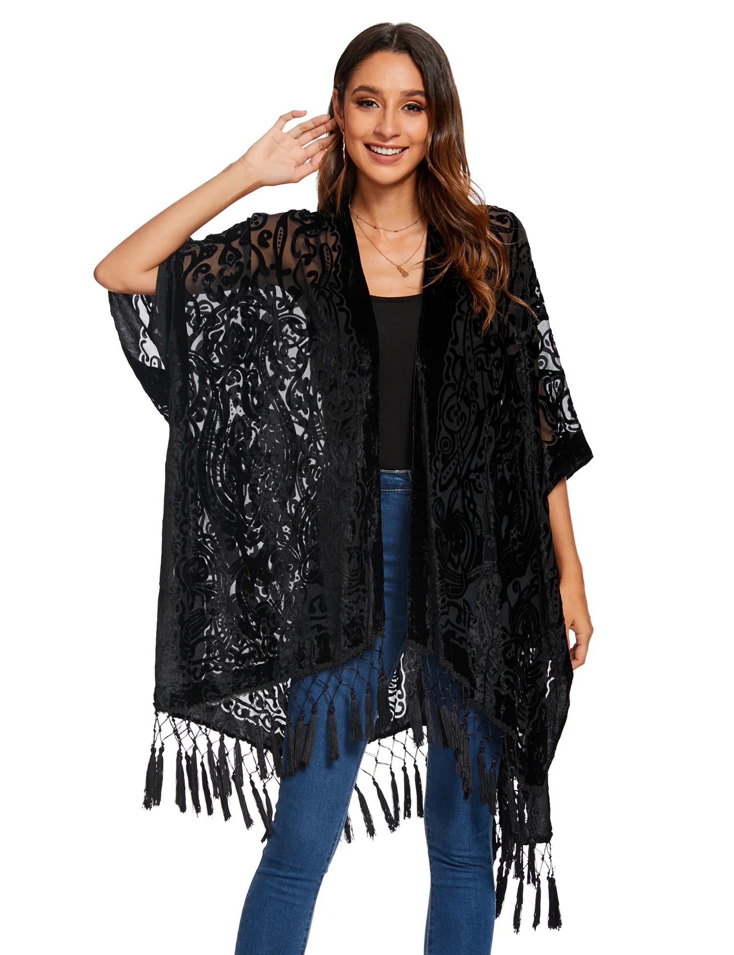 WeHello Bohemian burnt plush kimono Women's long Purple Tassel Beach Cover-up  Holiday Casual Cardigan Shawl JYPF-20