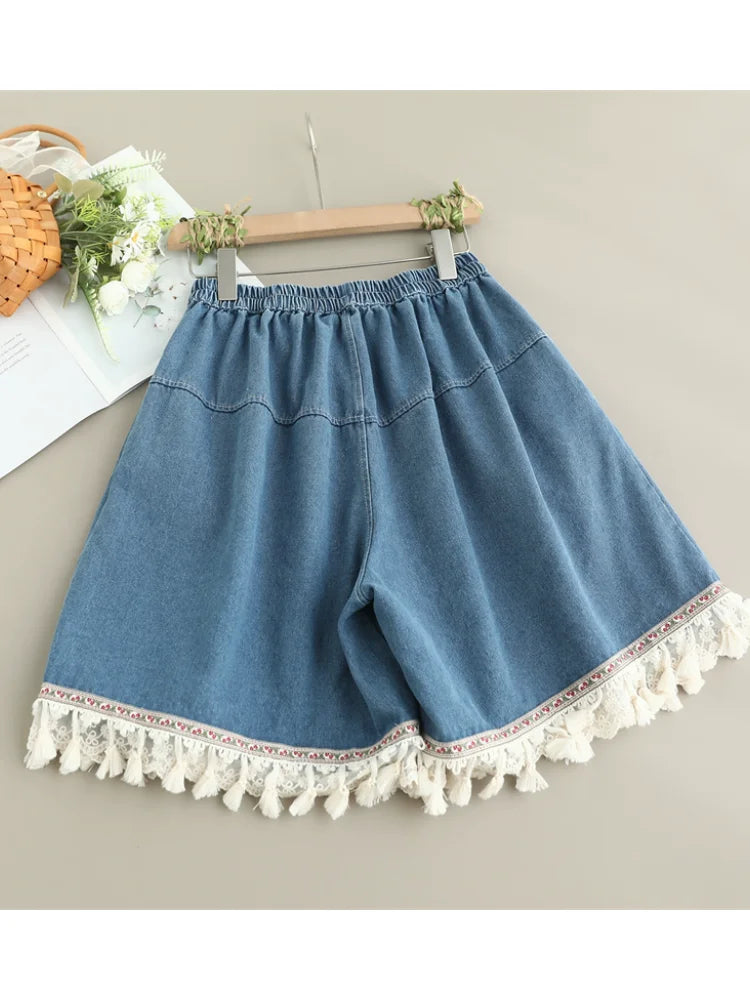 Embroidered Denim Fringe Shorts – Boho Lace Hem (Light Blue / Dark Blue) Embroidered Denim Fringe Shorts – Boho Lace Hem (Light Blue / Dark Blue) Shorts