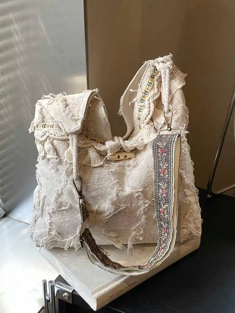Distressed Fringe Canvas Bag – Boho Embroidered Strap Tote Distressed Fringe Canvas Bag – Boho Embroidered Strap Tote Bags