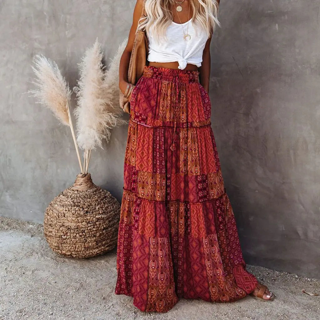 Sun-Kissed Gypsy Patchwork Maxi Skirt - Spice Route Red