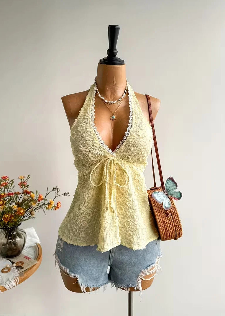 Cream Crochet Boho Lace Halter Crop Top