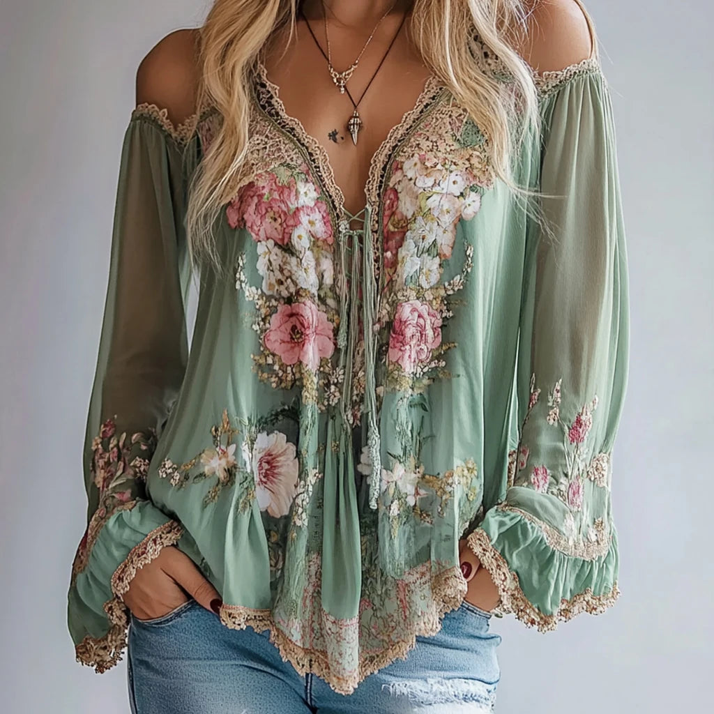Sage Blossom Cold-Shoulder Gypsy Top – Fairy Garden Boho Dream