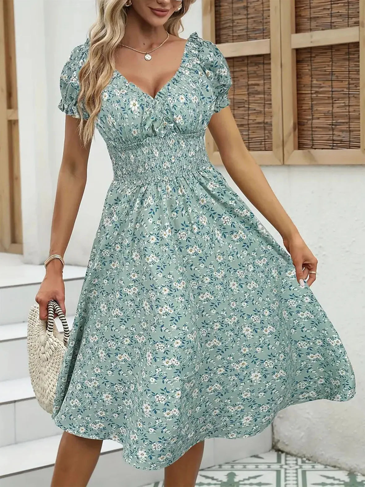 Ditsy Floral Puff Sleeve Smocked Midi Dress – Coquette Cottagecore Romance