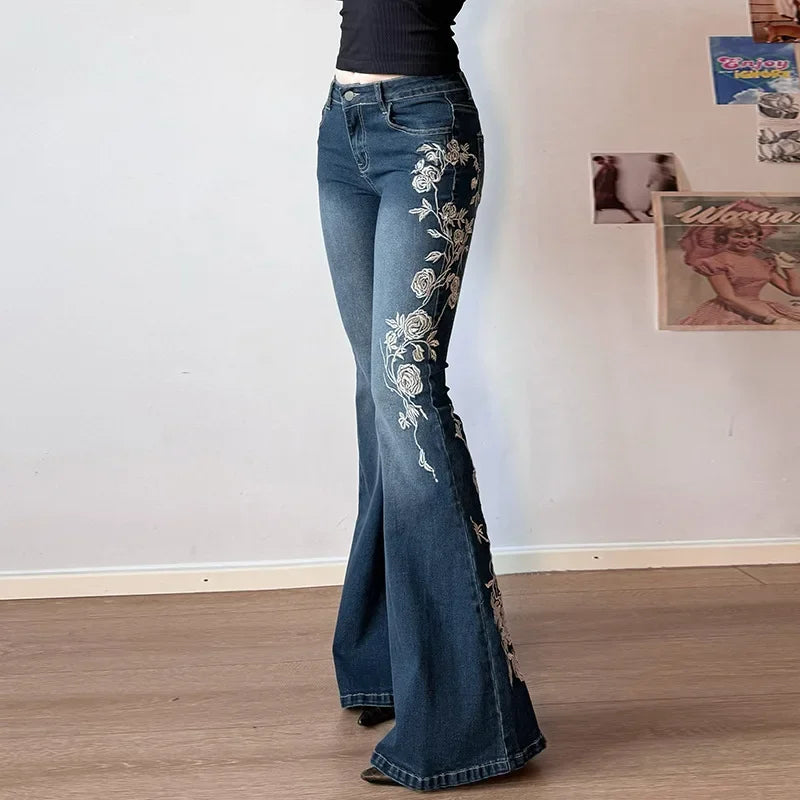 Moonlit Rose Embroidered Flare Jeans – Midnight Blue (Y2K Boho Dream)