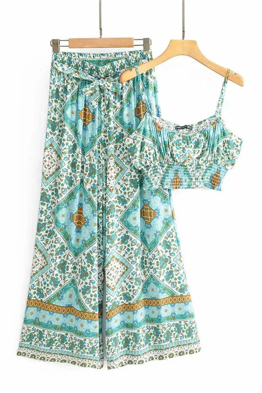 Turquoise Mosaic Boho Co-ord Set – Smocked Crop Top + Wide-Leg Palazzo Pants